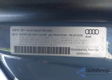 2020 Audi R8 V10 Performance Quattro S Tronic z USA, uszkodzony, nr VIN WUAKBAFX9L7900780